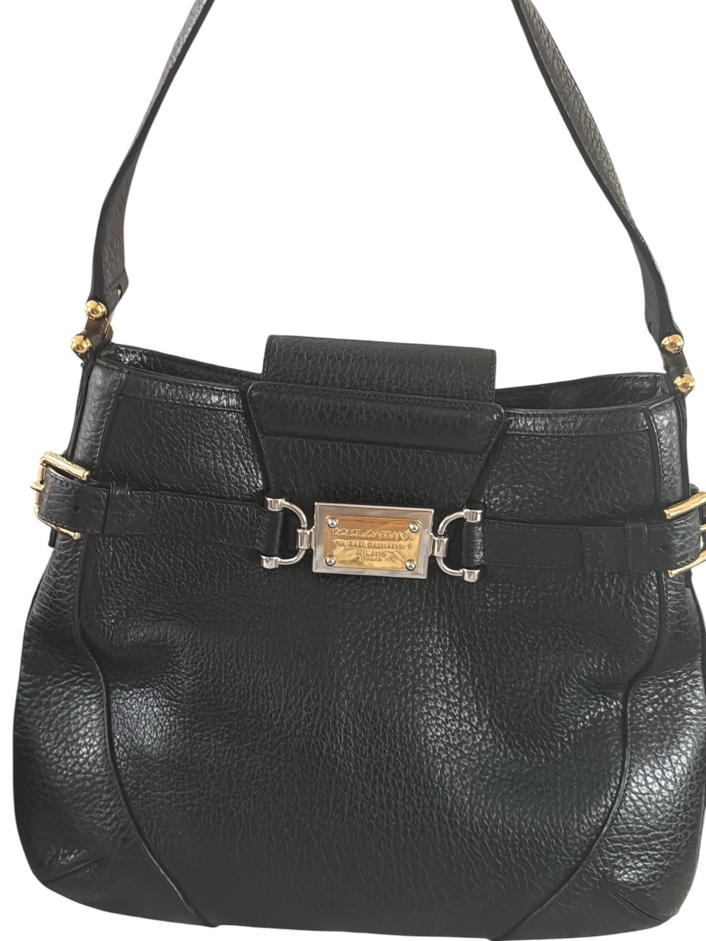 Dolce & Gabbana Miss Mary  Black Pebbled Leather Shoulder Bag with Gold Plate